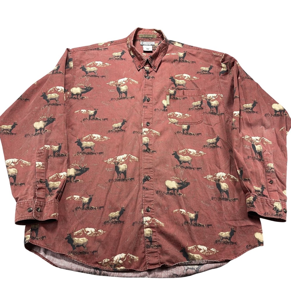 Vintage Columbia Shirt Mens XL Red Elk Print Long Sleeve Button Hunting Outdoor